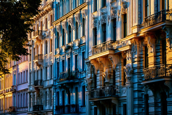 Art Nouveau Building Facades, Riga watercolor canvas