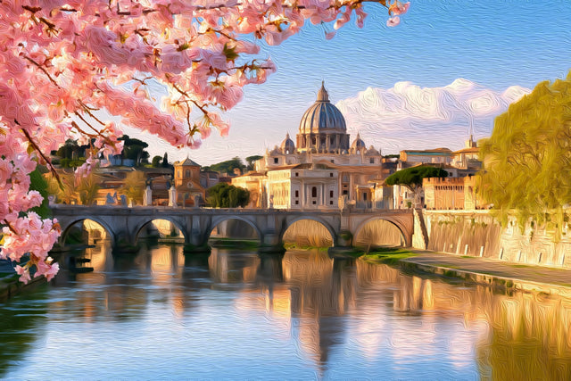 Ponte Sant Angelo Tiber River, Rome watercolor canvas