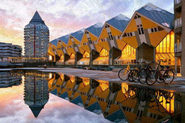 Cube Houses Canal Reflection, Rotterdam watercolor canvas
