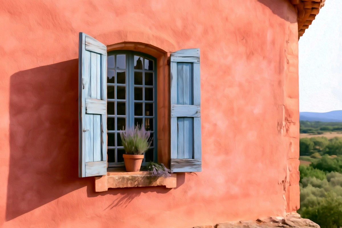Roussillon Ochre Village Window gallery canvas, unframed and in an espresso floating frame — Roussillon, France