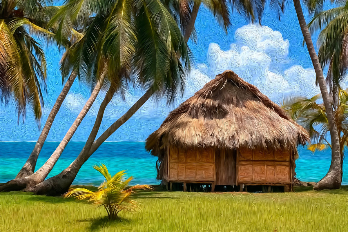 Kuna Village Thatched Hut gallery canvas, unframed and in an espresso floating frame — San Blas Islands, Panama