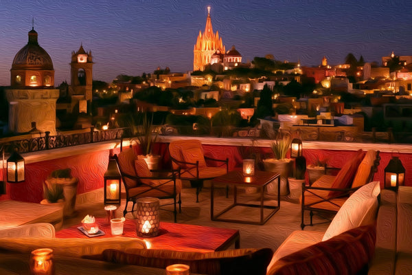 San Miguel Rooftop Candlelit Terrace, San Miguel de Allende watercolor canvas