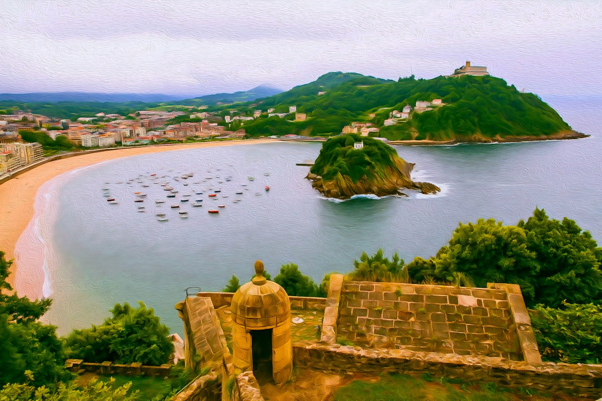 La Concha Bay Fortress Overlook gallery canvas, unframed and in an espresso floating frame — San Sebastian, Spain