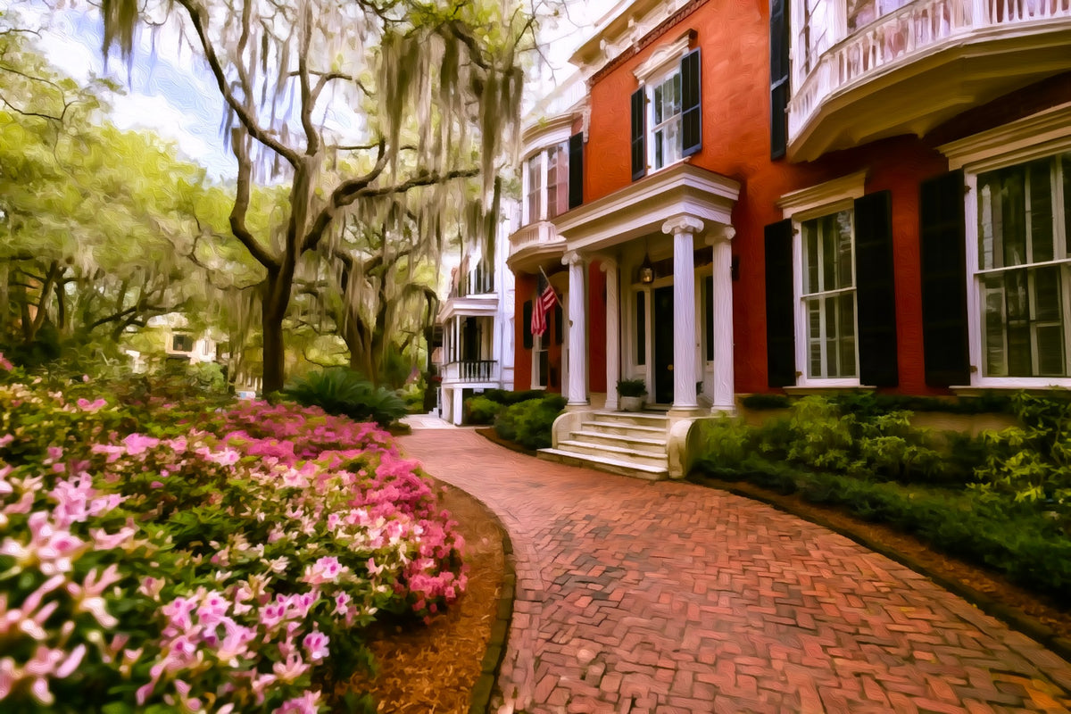 Savannah Historic District Street gallery canvas, unframed and in an espresso floating frame — Savannah, Georgia