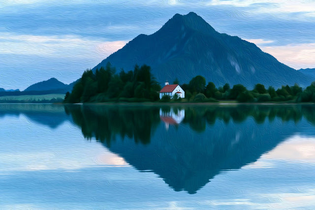Alpsee Lake Mountain Reflection, Schwangau watercolor canvas