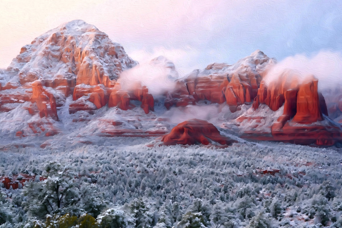 Sedona Red Rocks Snow gallery canvas, unframed and in an espresso floating frame — Sedona, Arizona