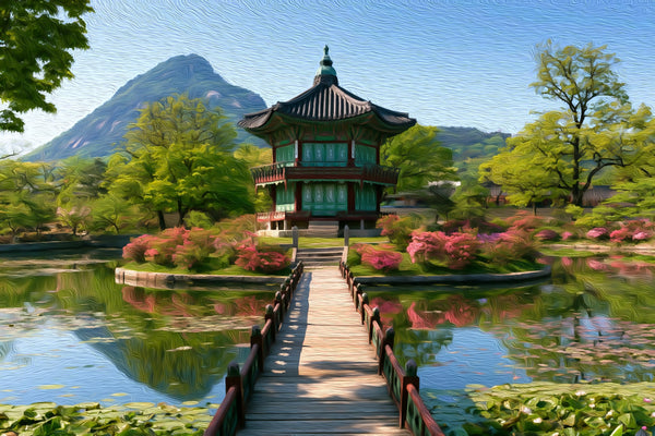 Hyangwonjeong Pavilion Pond, Seoul watercolor canvas
