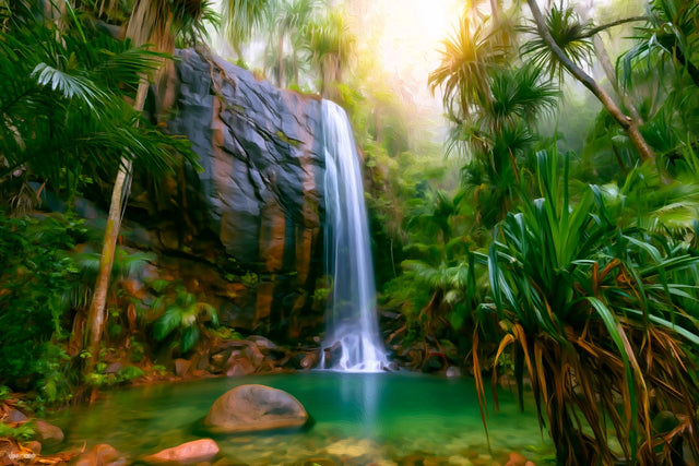 Seychelles Jungle Waterfall Pool, Seychelles watercolor canvas