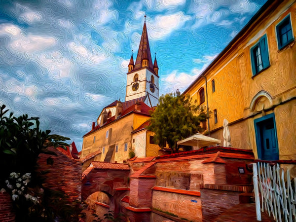Lutheran Cathedral Clock Tower, Sibiu watercolor canvas