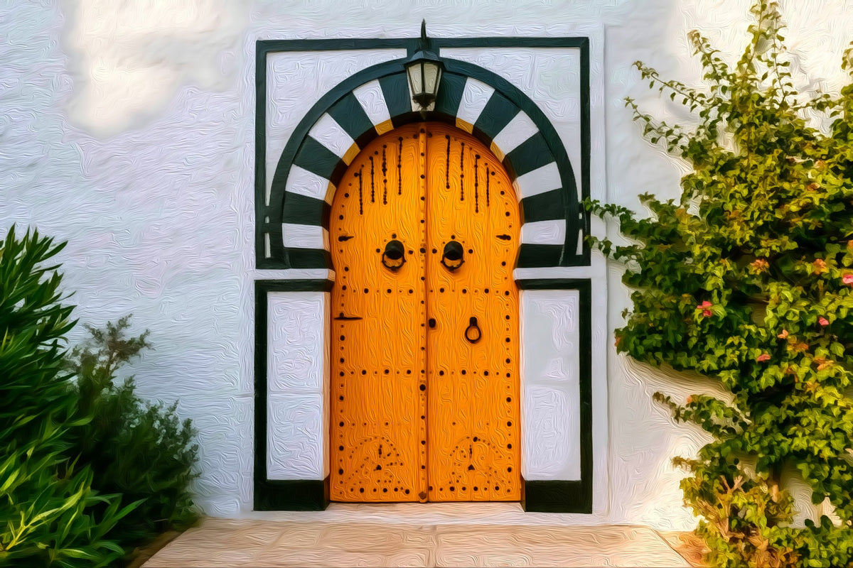 Sidi Bou Said Arched Doorway gallery canvas, unframed and in an espresso floating frame — Sidi Bou Said, Tunisia