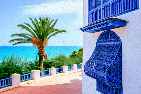 Sidi Bou Said Blue Balcony, Sidi Bou Said watercolor canvas