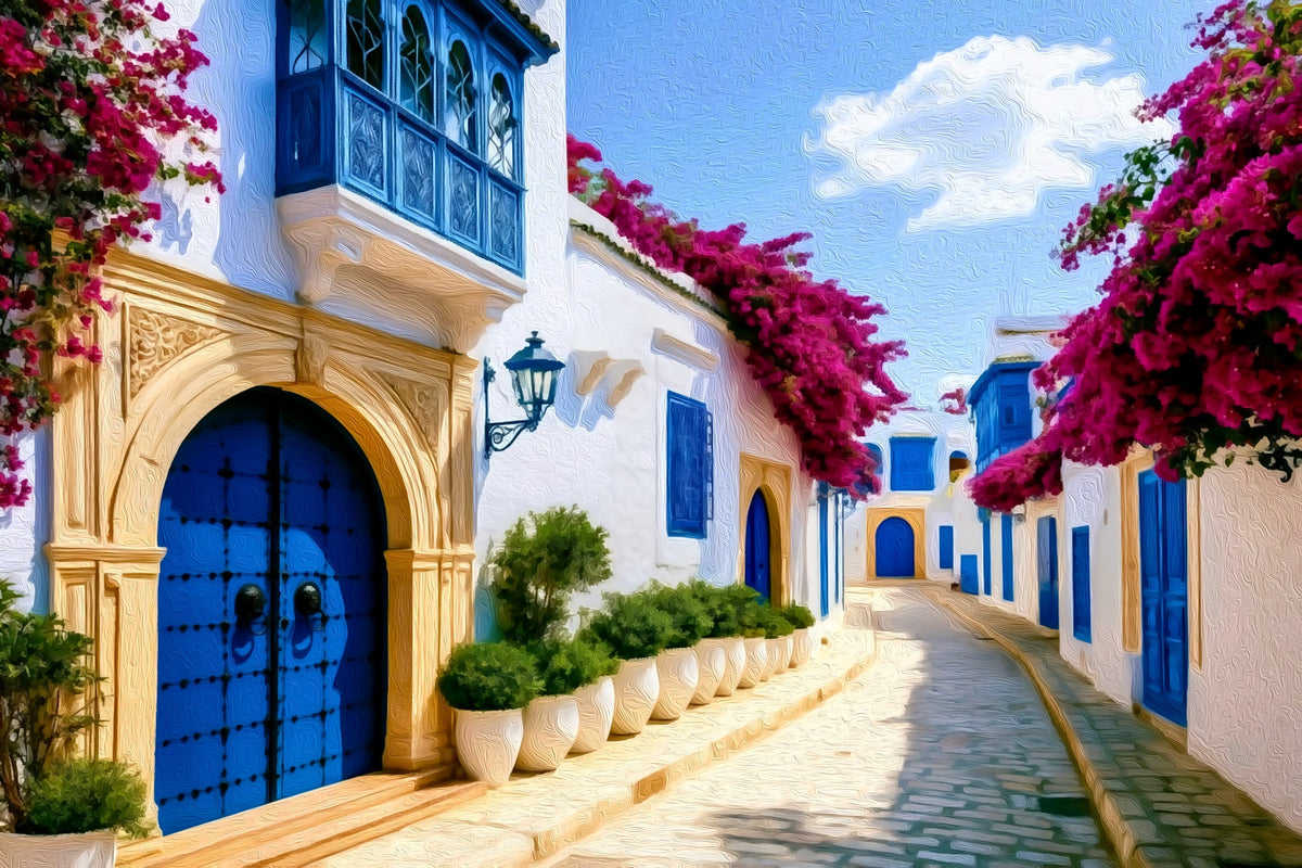 Sidi Bou Said Blue Door Street gallery canvas, unframed and in an espresso floating frame — Sidi Bou Said, Tunisia