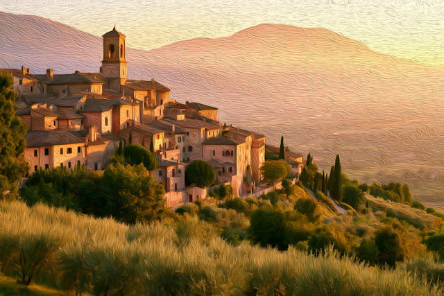 Spello Hilltop Medieval Village, Spello watercolor canvas
