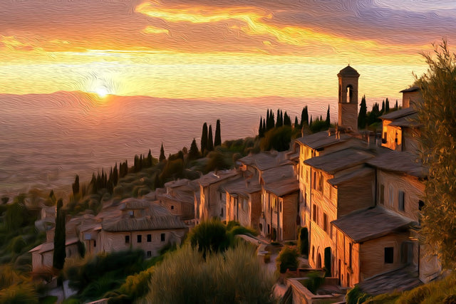 Spello Hilltop Village Sunset, Spello watercolor canvas