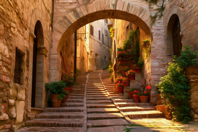 Spello Stone Archway Staircase, Spello watercolor canvas