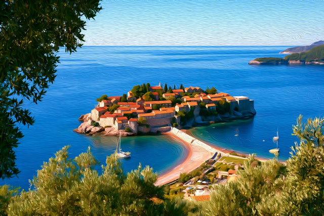 Sveti Stefan Island Village, Sveti Stefan watercolor canvas
