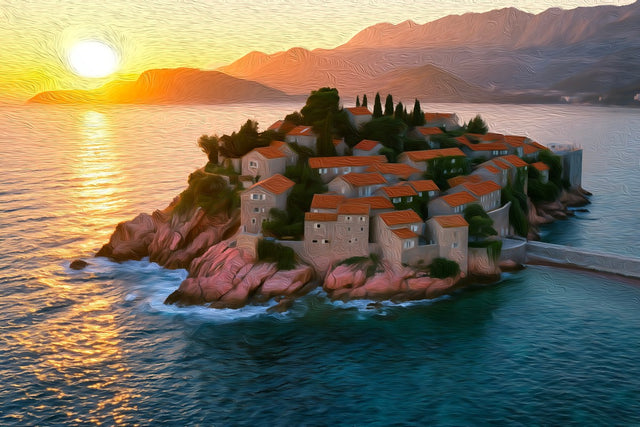 Sveti Stefan Island Village, Sveti Stefan watercolor canvas