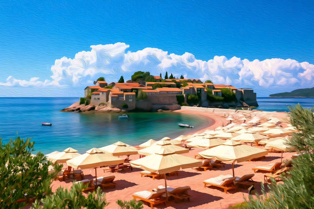 Sveti Stefan Island Village gallery canvas, unframed and in an espresso floating frame — Sveti Stefan, Montenegro