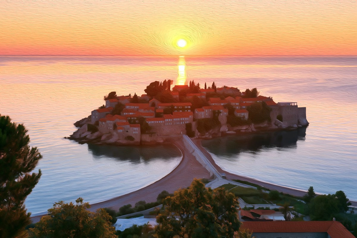 Sveti Stefan Island Village gallery canvas, unframed and in an espresso floating frame — Sveti Stefan, Montenegro