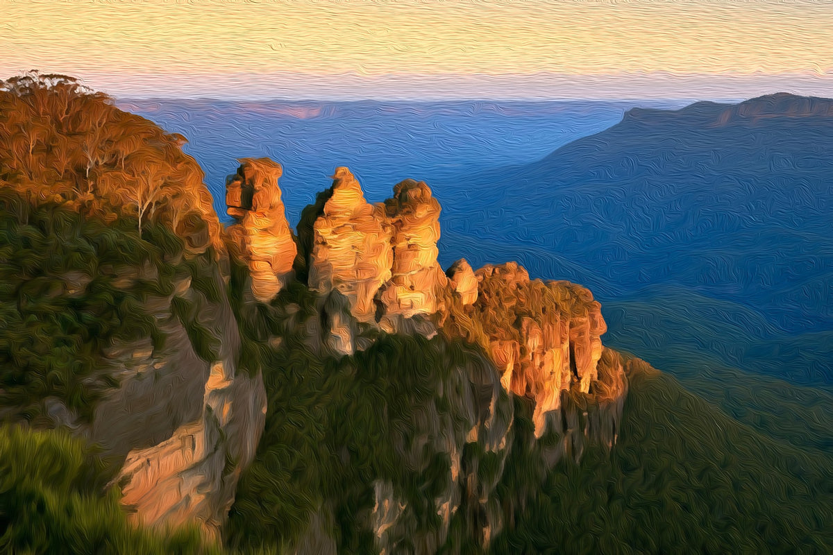 Three Sisters Blue Mountains gallery canvas, unframed and in an espresso floating frame — Sydney, Australia