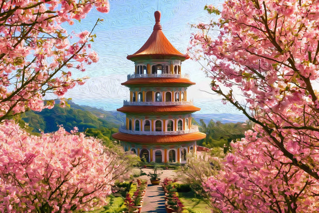 Tianyuan Temple Pagoda Cherry Blossoms, Taipei watercolor canvas