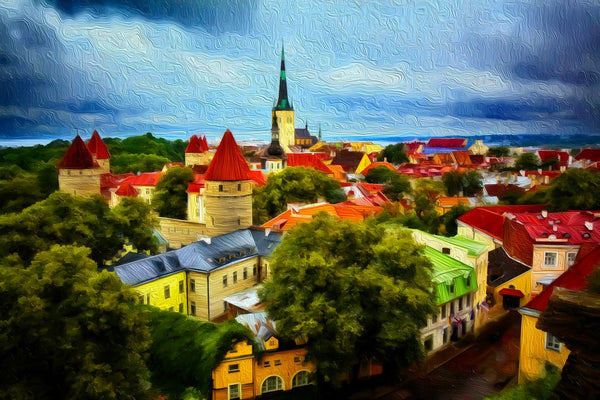 Old Town Red Roofs, Tallinn watercolor canvas