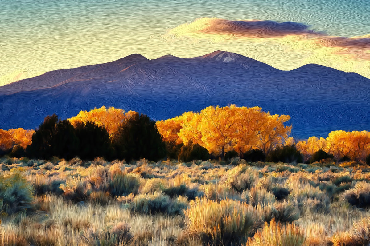 Taos Mountain Cottonwood Autumn gallery canvas, unframed and in an espresso floating frame — Taos, New Mexico
