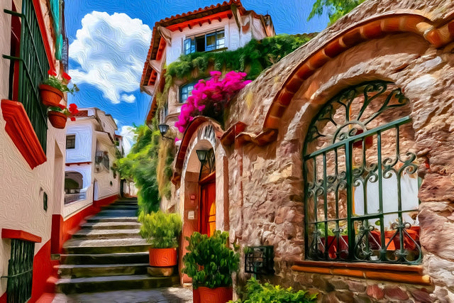 Taxco Cobblestone Alley Steps, Taxco watercolor canvas