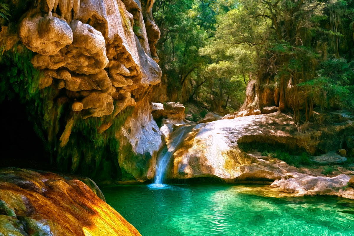 Taxco Hidden Waterfall Pool gallery canvas, unframed and in an espresso floating frame — Taxco, Mexico