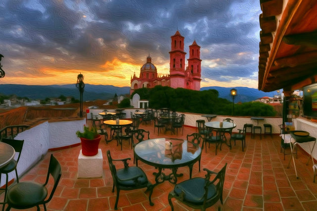 Taxco Rooftop Cathedral View, Taxco watercolor canvas