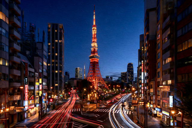 Tokyo Tower Night Street, Tokyo watercolor canvas