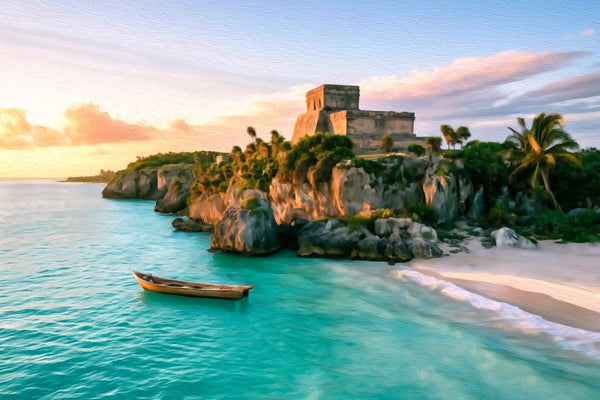 Tulum Ruins Coastal Cliffs, Tulum watercolor canvas