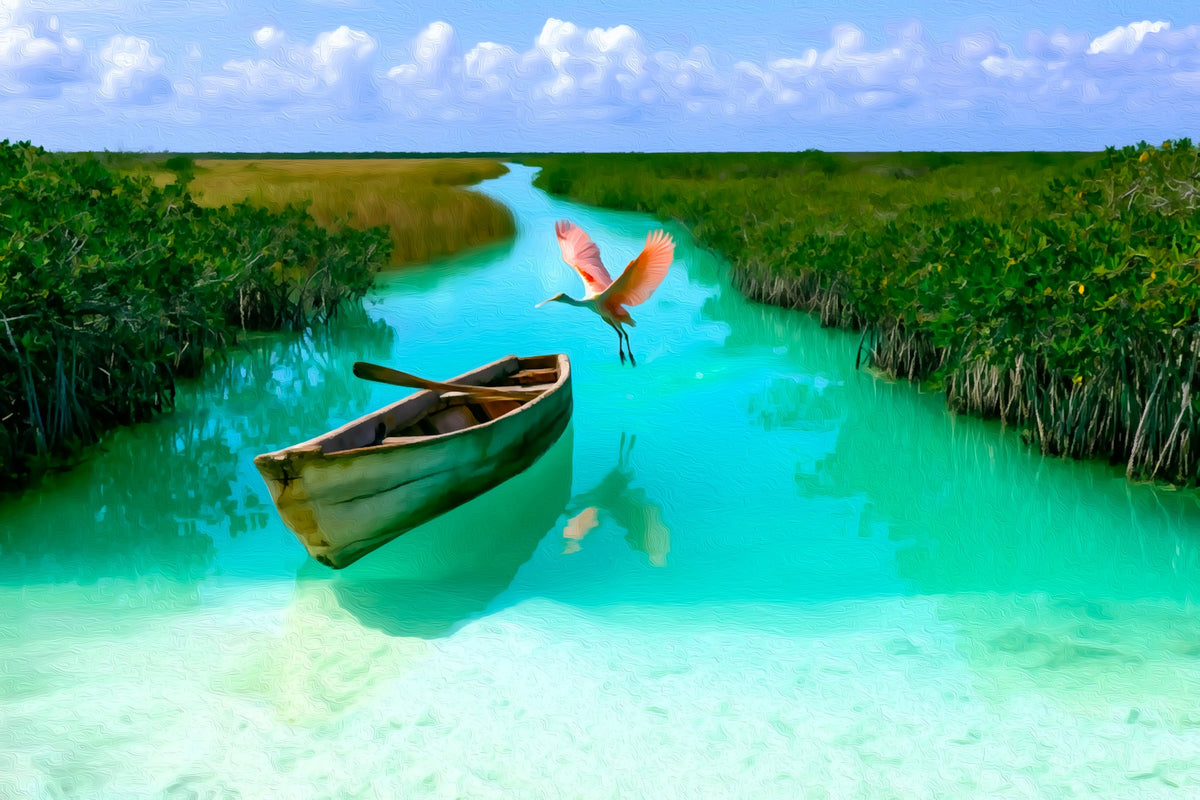 Tulum Mangrove Canal Roseate Spoonbill gallery canvas, unframed and in an espresso floating frame — Tulum, Mexico