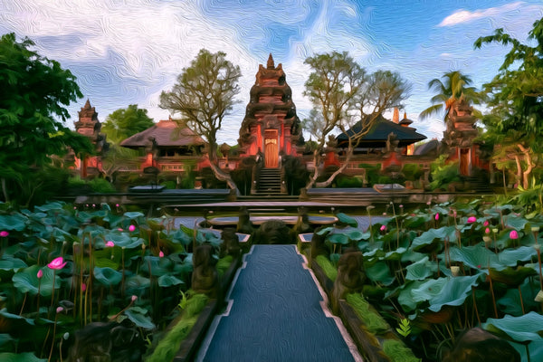 Ubud Royal Palace Lotus Pond, Ubud watercolor canvas