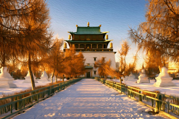 Gandantegchinlen Monastery Winter, Ulaanbaatar watercolor canvas
