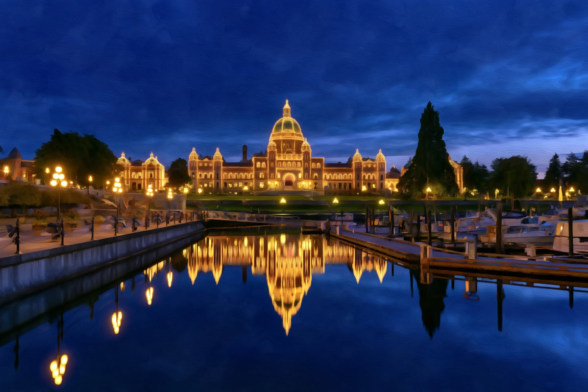 BC Legislature Inner Harbour gallery canvas, unframed and in an espresso floating frame — Victoria, British Columbia