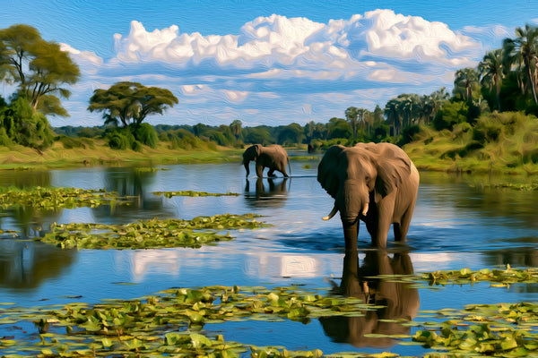 Zambezi River Elephants Zimbabwe, Victoria Falls watercolor canvas
