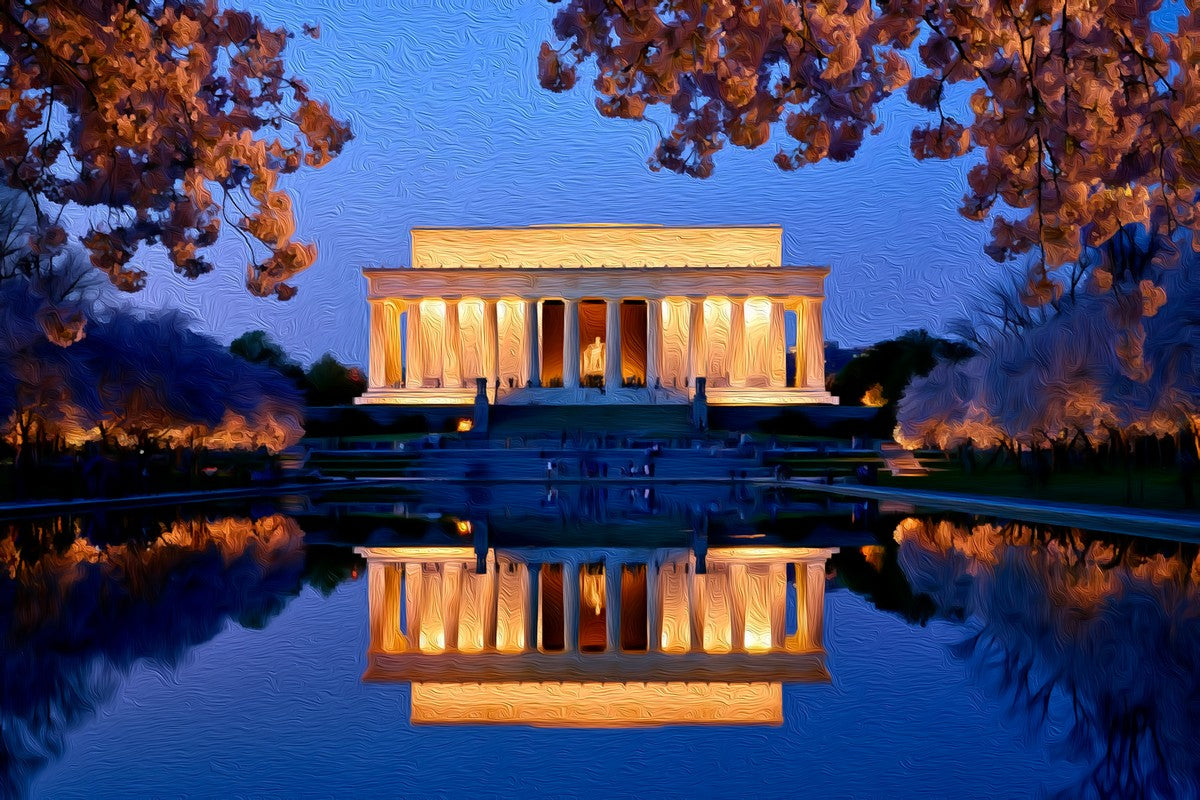 Lincoln Memorial Cherry Blossoms gallery canvas, unframed and in an espresso floating frame — Washington DC, USA