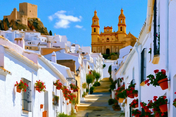 Olvera Church White Village, White Villages of Andalusia watercolor canvas