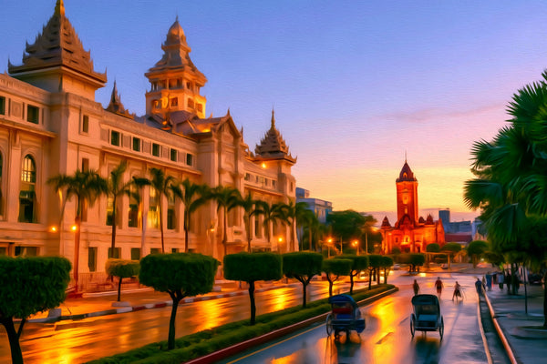 Yangon City Hall Twilight, Yangon watercolor canvas