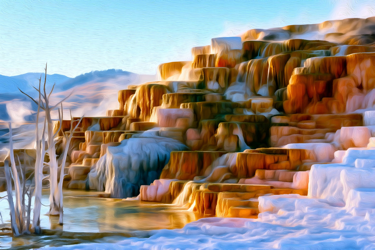 Mammoth Hot Springs Terraces gallery canvas, unframed and in an espresso floating frame — Yellowstone National Park, Wyoming