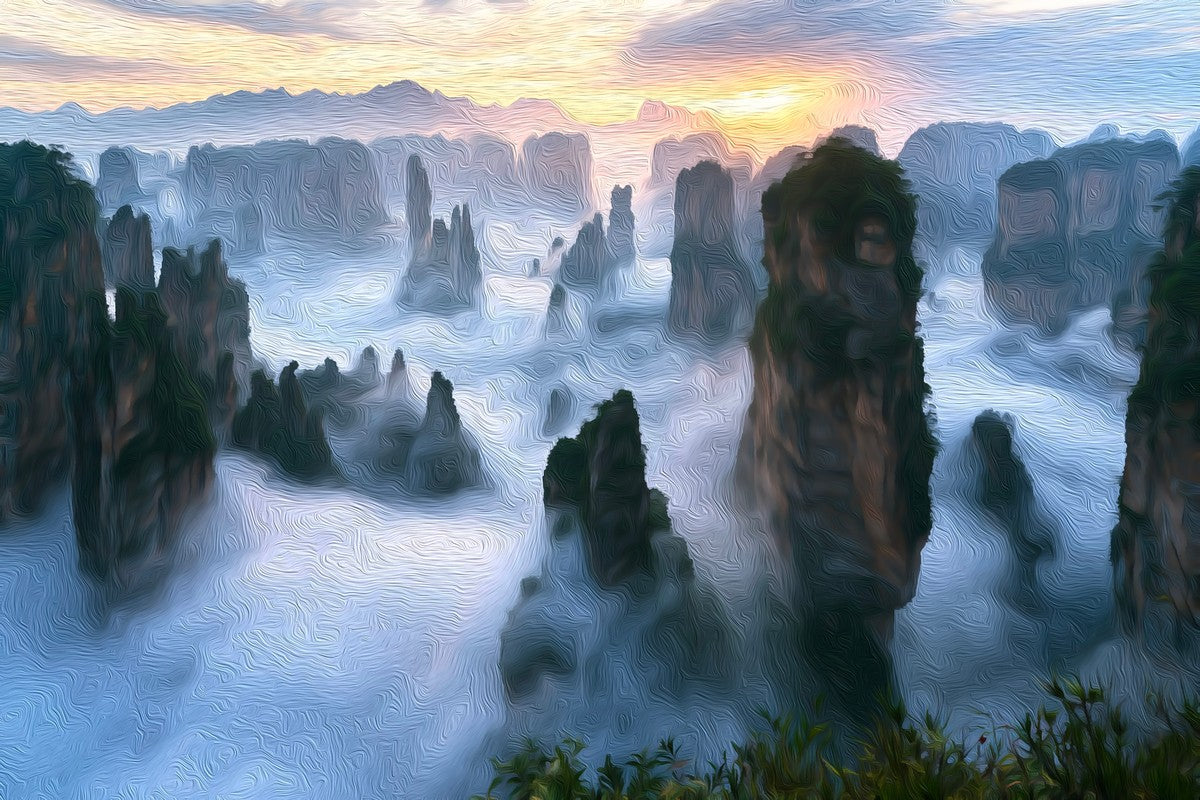 Zhangjiajie Sandstone Pillar Peaks gallery canvas, unframed and in an espresso floating frame — Zhangjiajie, China