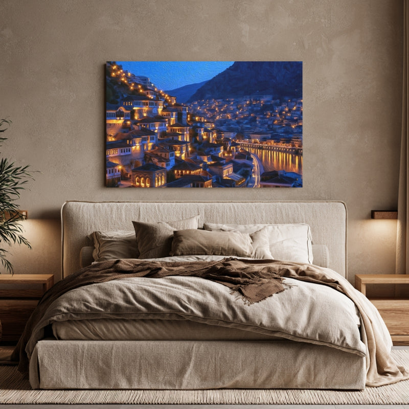 Berat, Albania | Berat Old Town Hillside at Night | Original Series Gallery Canvas