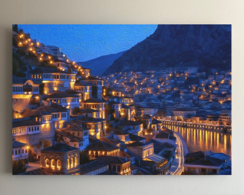 Berat, Albania | Berat Old Town Hillside at Night | Original Series Gallery Canvas