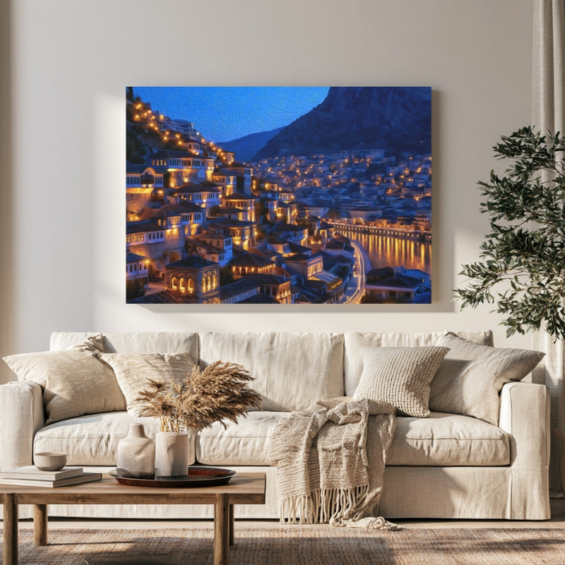 Berat, Albania | Berat Old Town Hillside at Night | Original Series Gallery Canvas