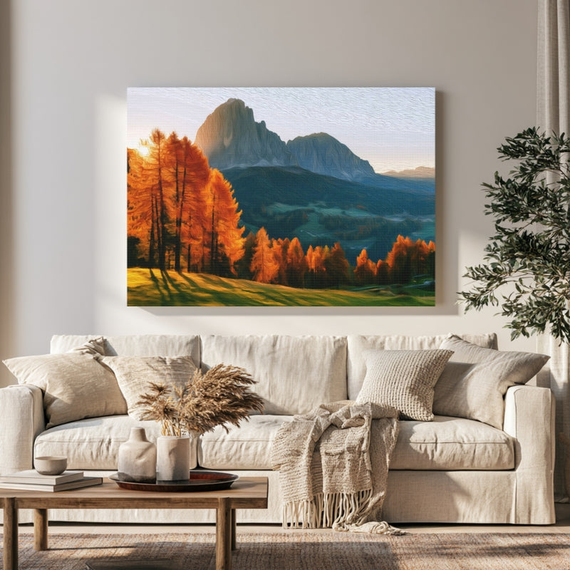 Sassolungo Peak Autumn Larches in a room — Dolomites, Italy