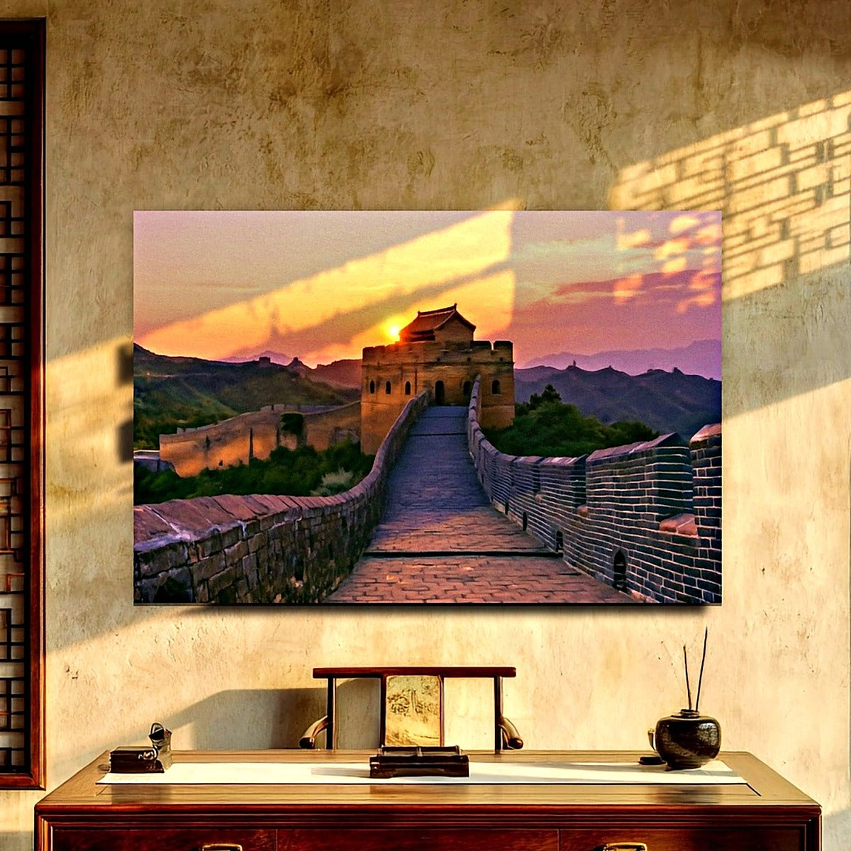 Watercolor canvas print of the Great Wall of China at golden-hour sunset, shown above a rosewood desk in a scholar's study with sunlight across the wall (room is a digital mockup). Part of The Painted Passport Original Series. — Great Wall of China