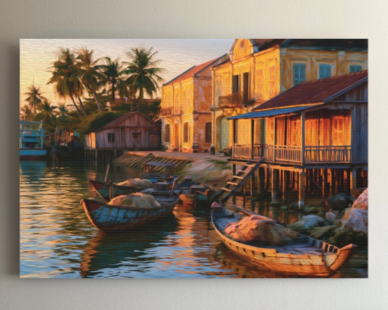 Kampot, Cambodia | Riverside Stilt Houses at Sunset | Original Series Gallery Canvas