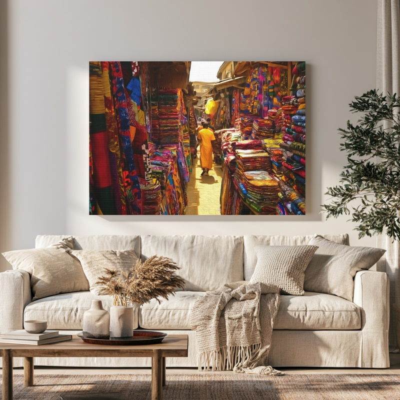Balogun Market Fabric Stalls in a room — Lagos, Nigeria