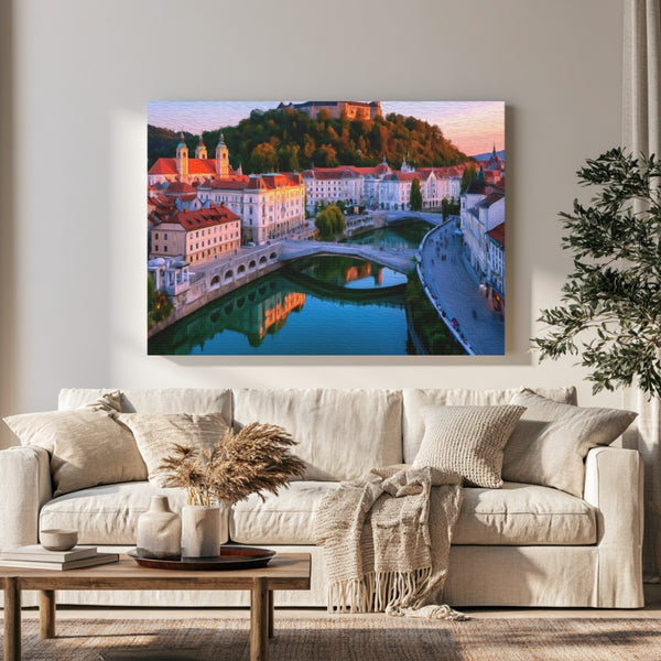Ljubljana, Slovenia | Triple Bridge And Castle Hill Sunset | Original Series Gallery Canvas